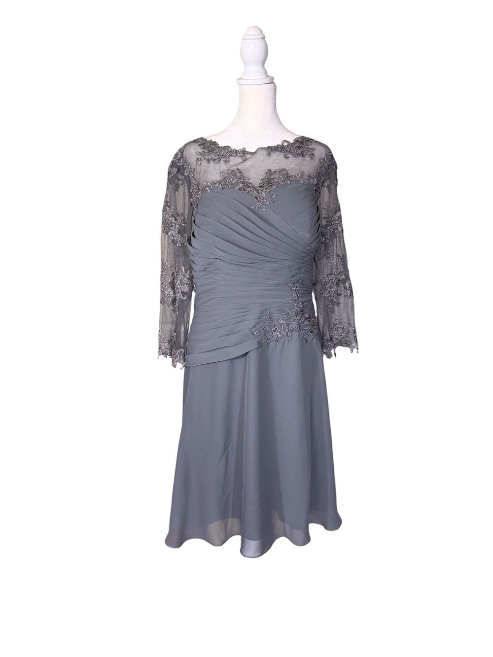 JJ’s House steel grey chiffon embroidered lace knee-length dress women’s size 16